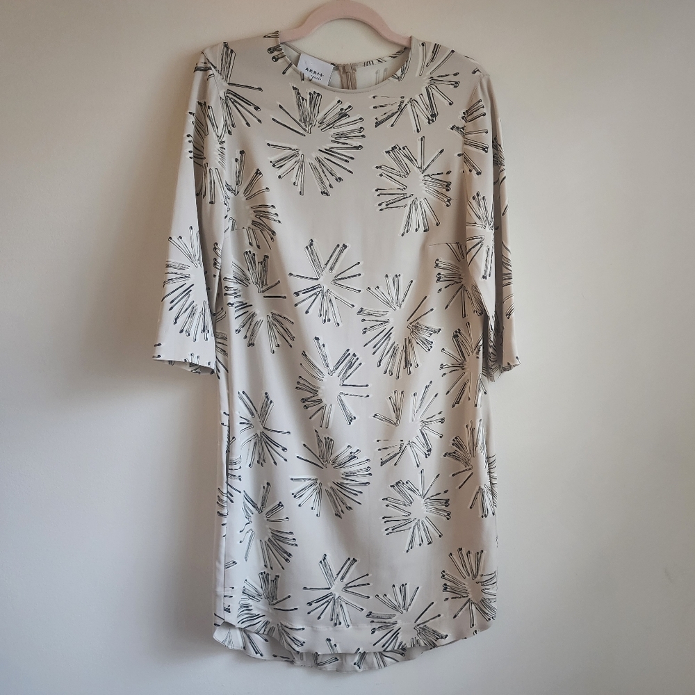Luxury Designer Akris Punto MatchstickSunburst Print Short Dress Beige Gray 10